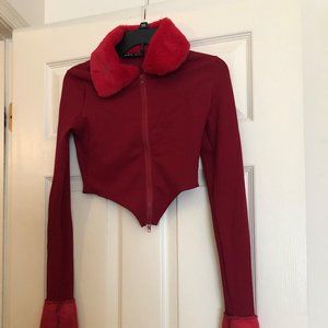 Red Cropped Sweater with Faux Fur Collar and Wrist Trim
